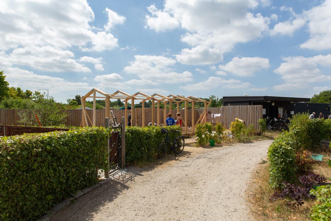 folk i en kolonihaveforening bygger skelet til hus